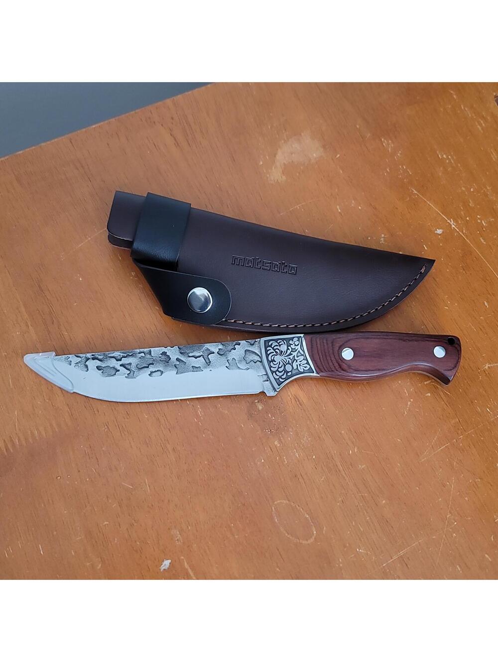 Matsota Fixed Blade Hunting Knife with Wooden Handle and Leather Sheath